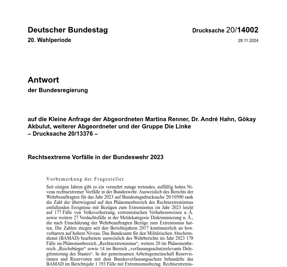 Kleine Anfrage im Bundestag zu rechtsextremen Vorfällen in der Bundeswehr